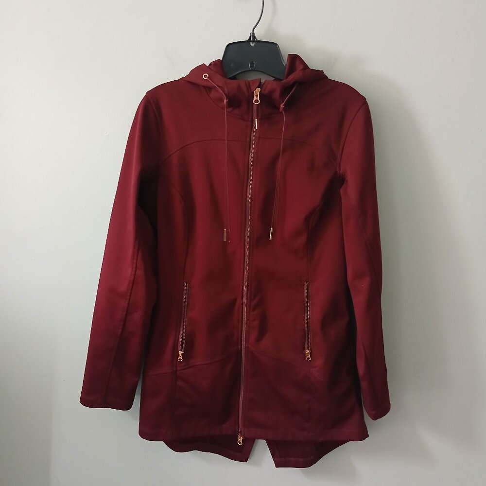 Mondetta Women's Softshell Jacket Sz S 2 Way Zipper Pockets Long Sleeve Hood Red